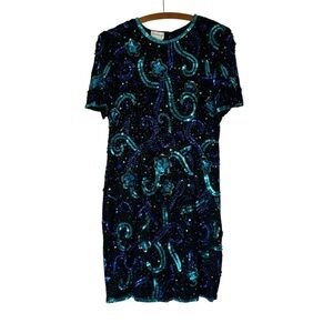 Vintage Stenay Black 100% Silk and Blue Shiny Sequin Party Holiday Dress Size XL